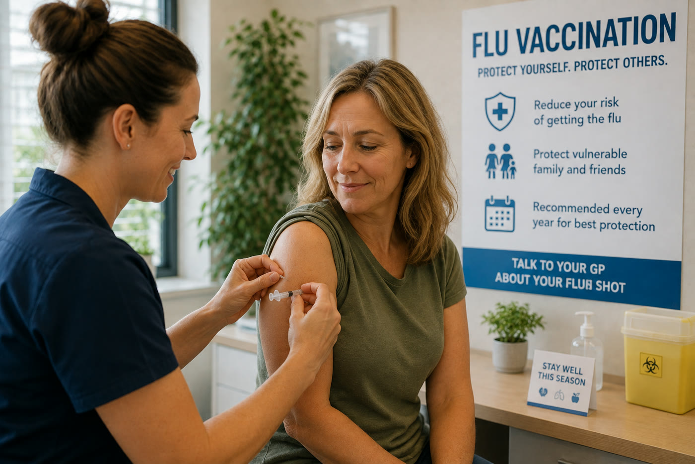 A clinician giving a patient a flu vaccination