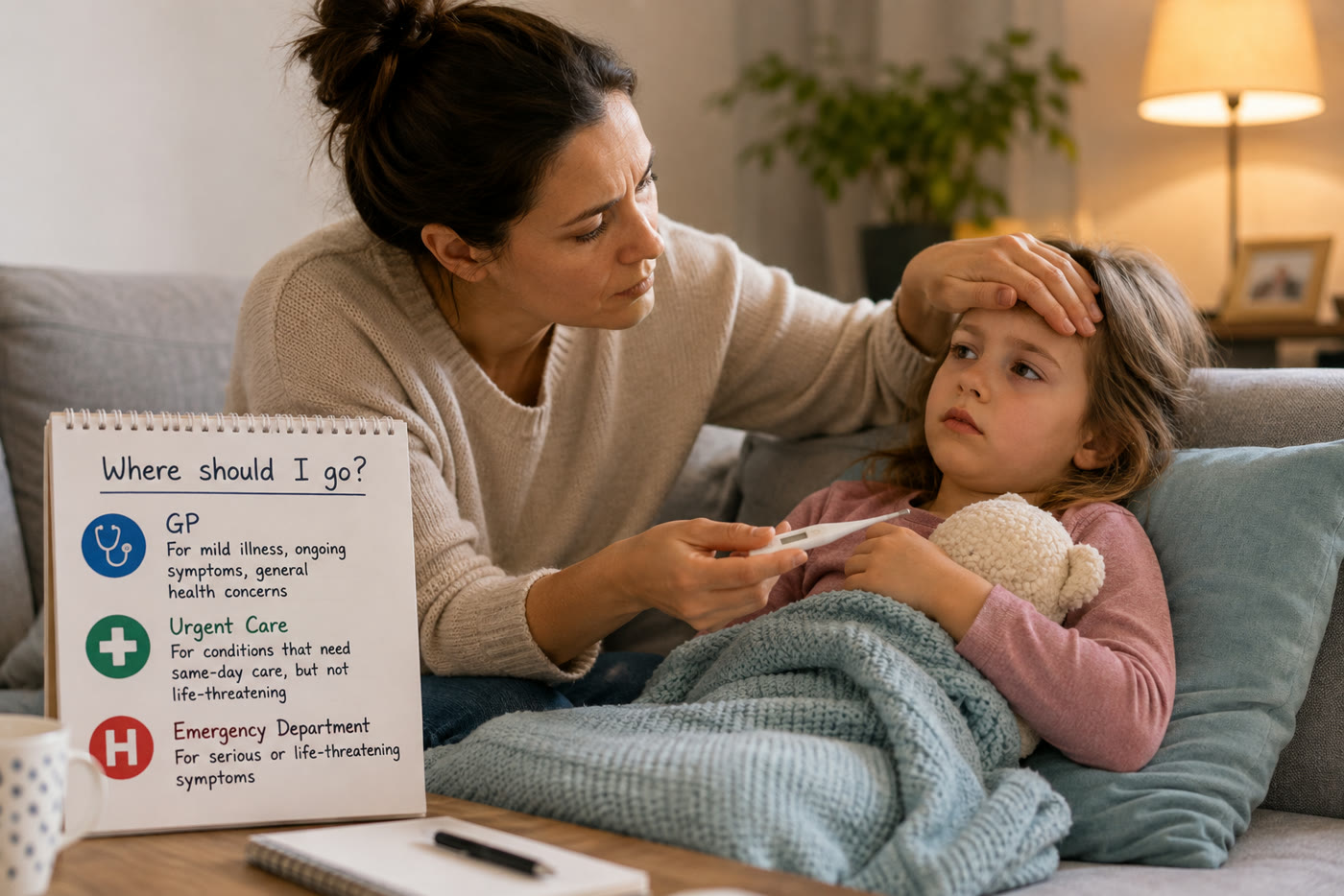 A parent checking the temperature of a child resting at home