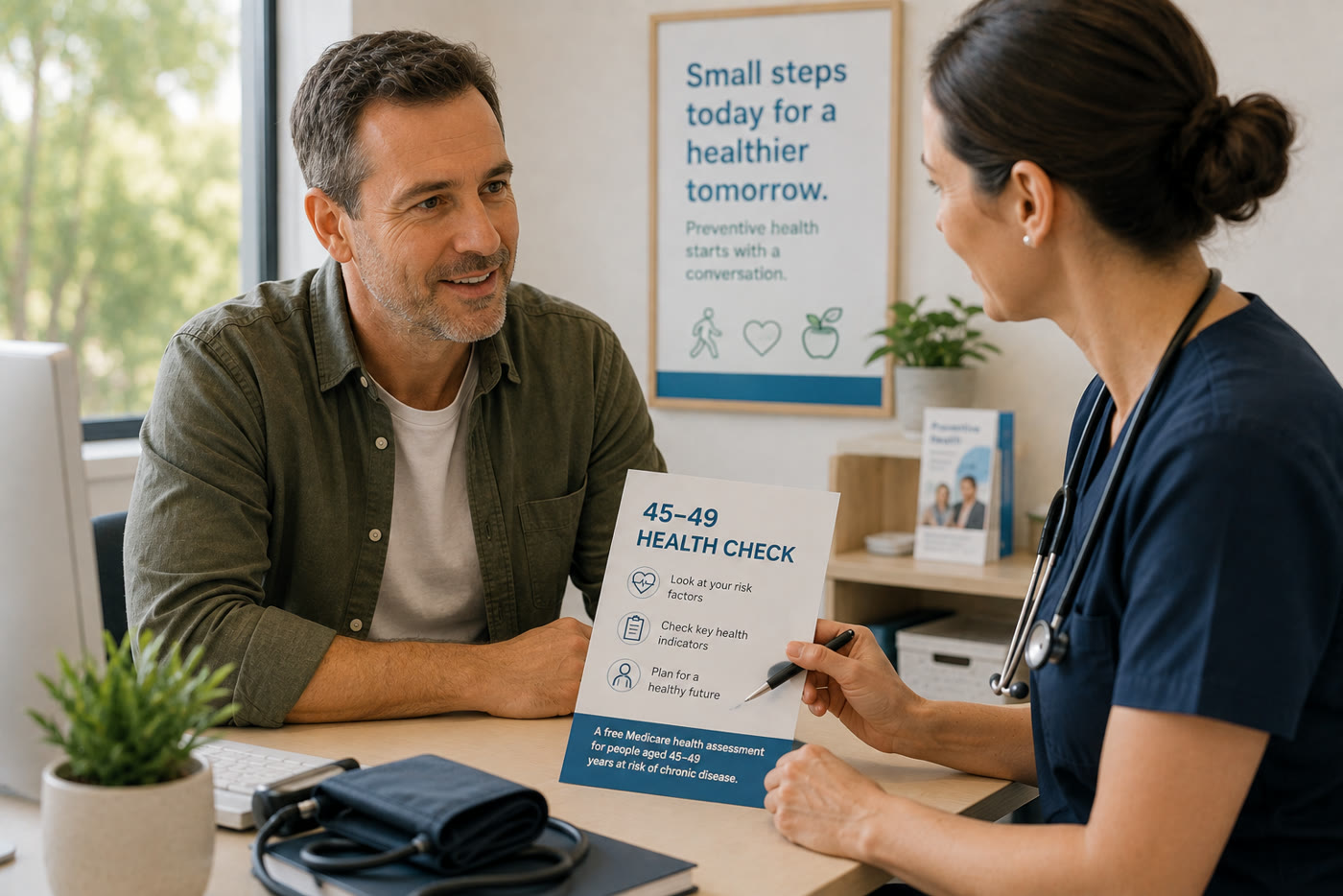 A GP discussing a 45–49 health assessment with a patient