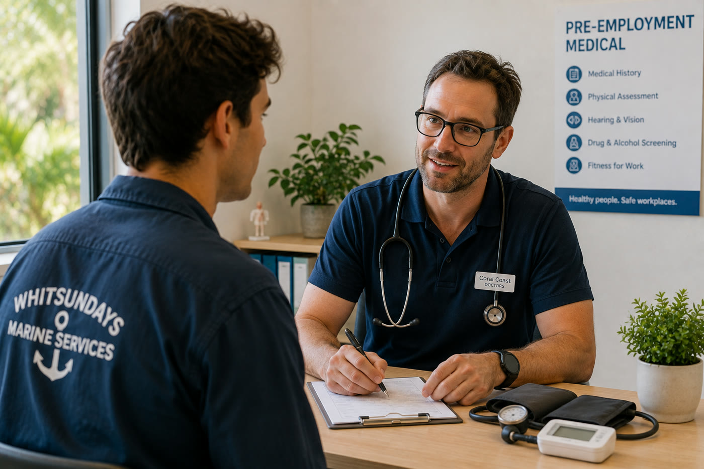 A worker speaking with a GP during a pre-employment medical assessment