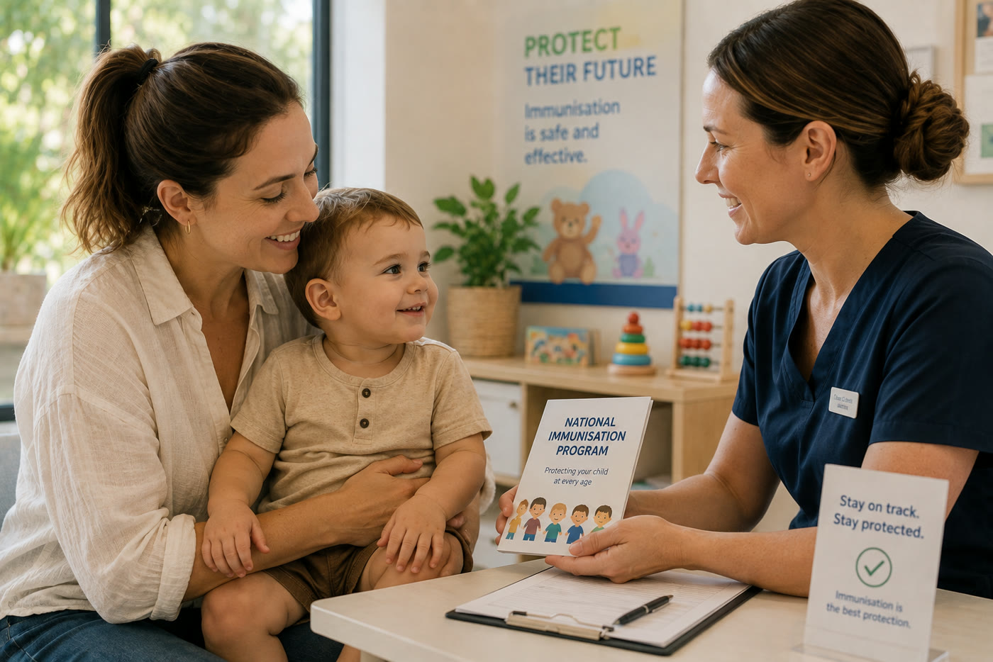 A parent and young child discussing the vaccination schedule with a clinician