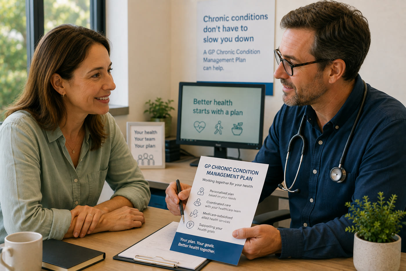 A GP discussing a chronic condition management plan with a patient