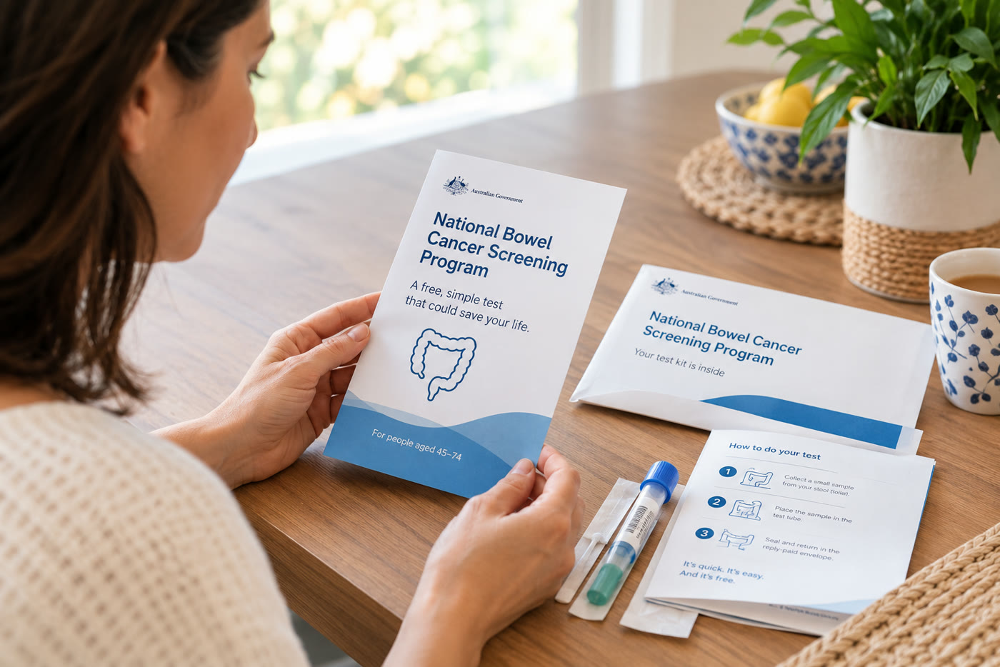 A person opening a National Bowel Cancer Screening Program home test kit