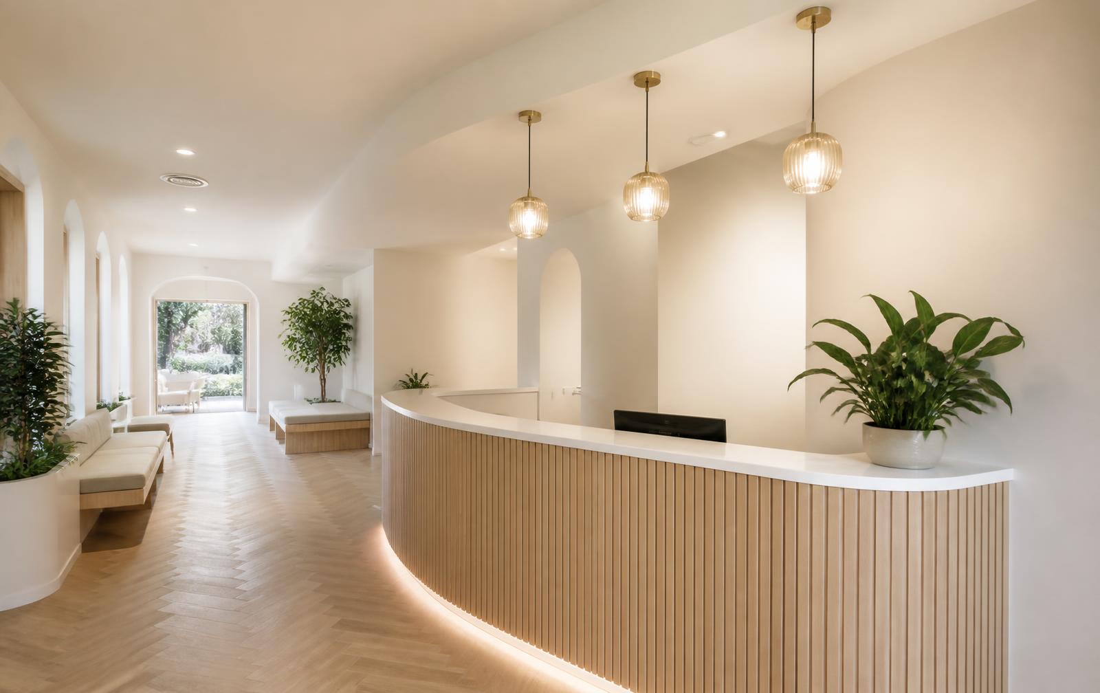 Bright reception area of a modern coastal medical clinic