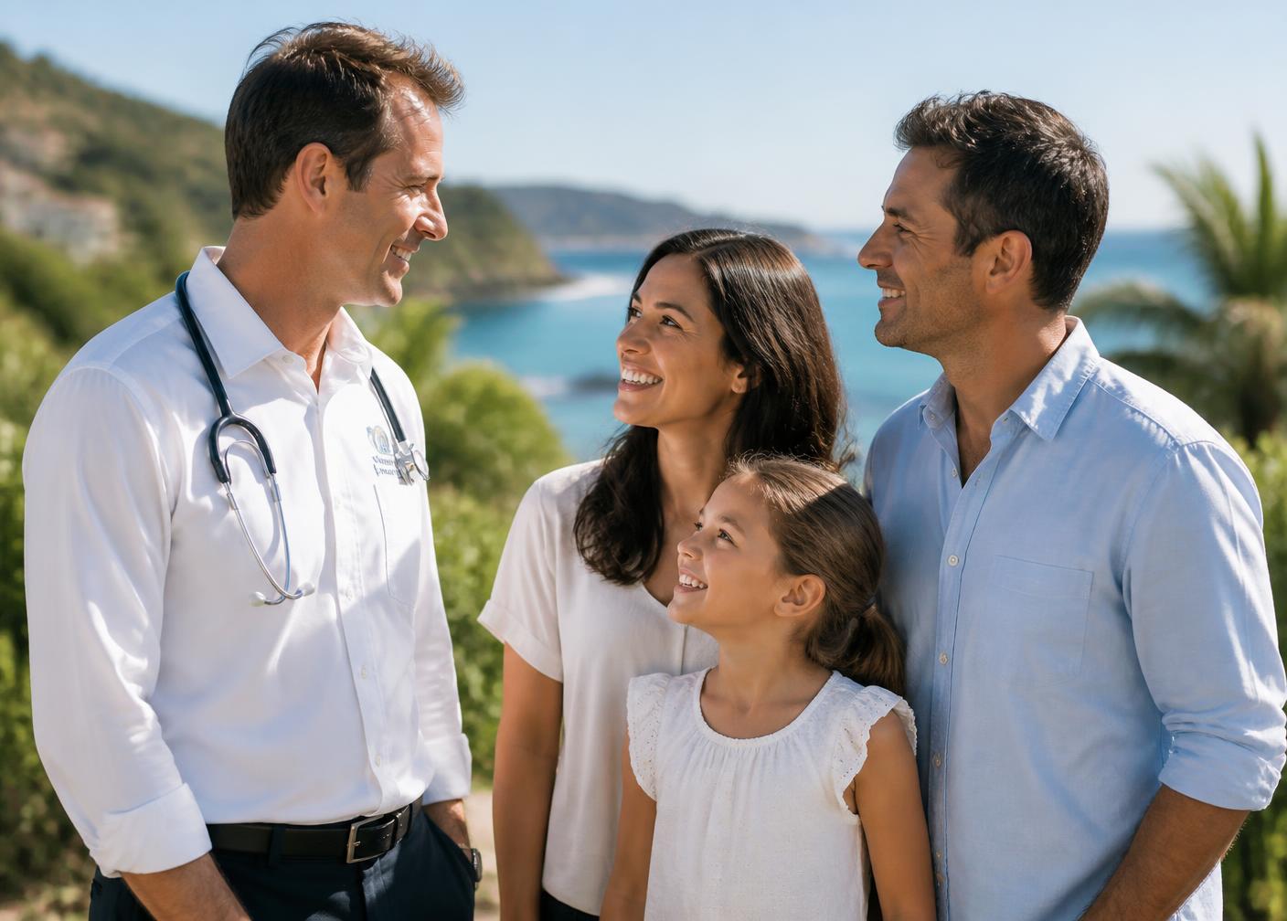 Coral Coast Doctors GP smiling with a local family by the Whitsunday coast