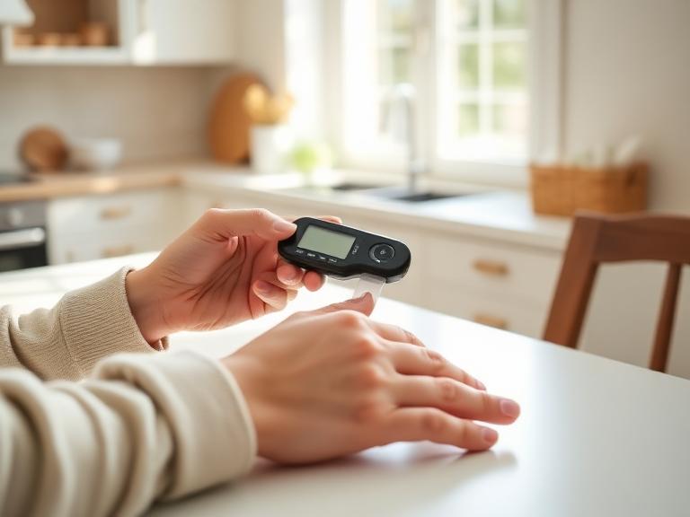 A person checking their blood glucose level at home