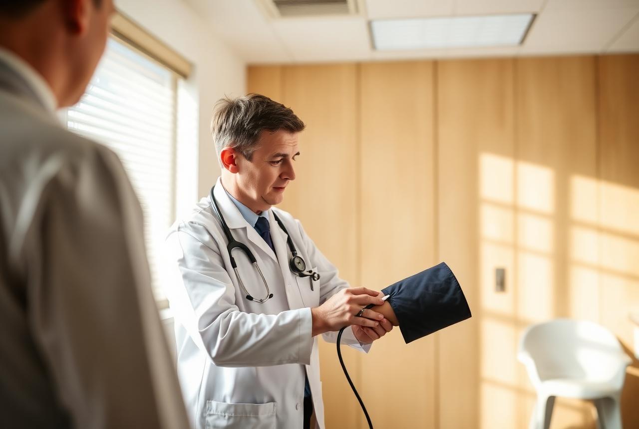 A blood pressure cuff being used during a GP consultation