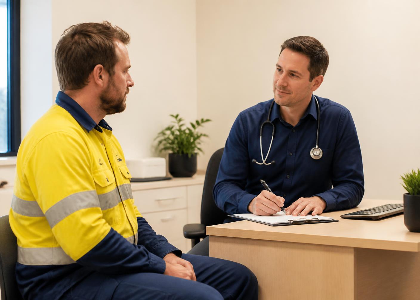 Worker in high-visibility clothing at a workplace medical assessment