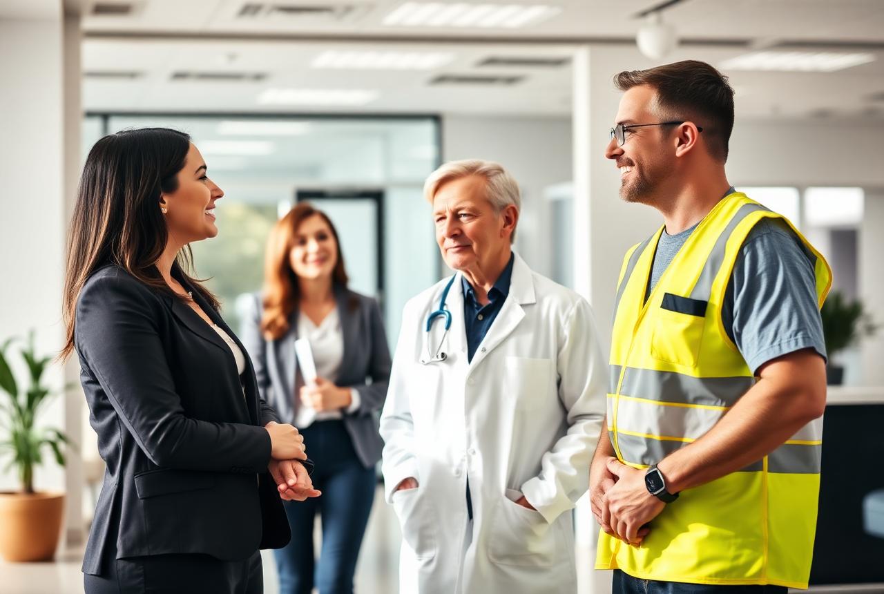 A GP, a business manager and a worker in hi-vis discussing workplace medical assessments at Coral Coast Doctors in Cannonvale