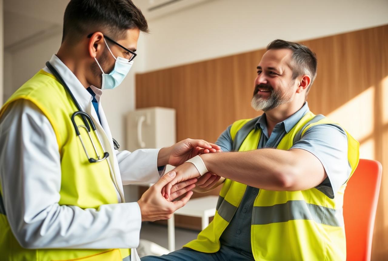 A GP bandaging the arm of a worker in hi-vis clothing during a WorkCover consultation in Cannonvale