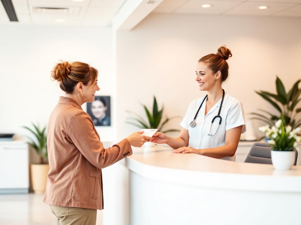Receptionist assisting a patient at a clinic front desk