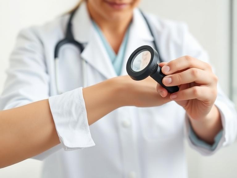 A doctor examining a patient's skin during a full-body skin check