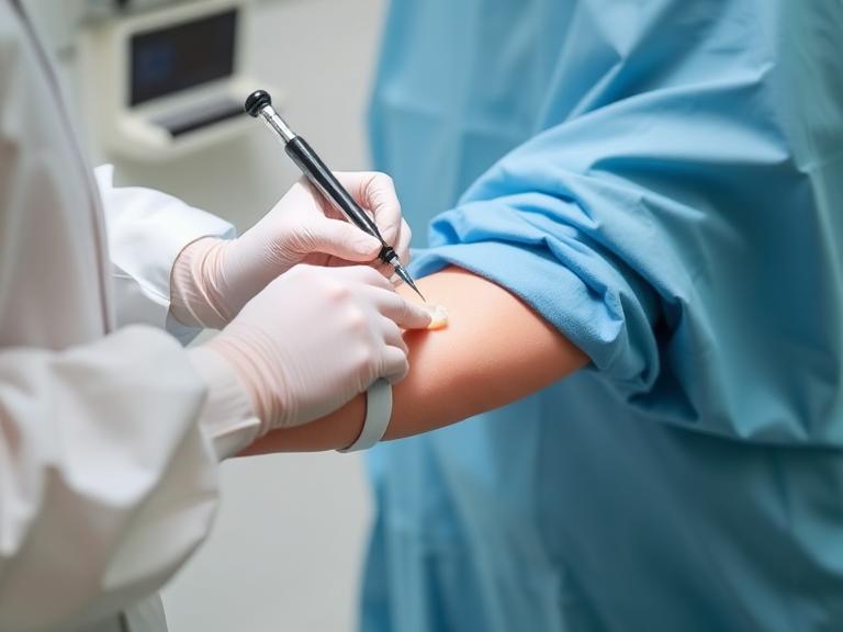 A doctor performing a small skin procedure on a patient's arm