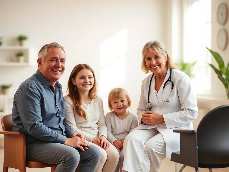 A family sitting with their GP at Coral Coast Doctors in Cannonvale