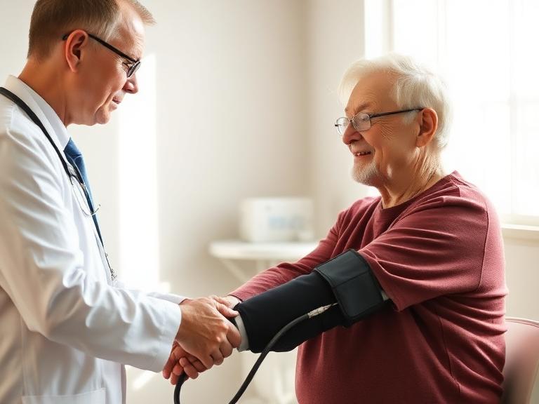 A GP checking an older patient's blood pressure during a health assessment